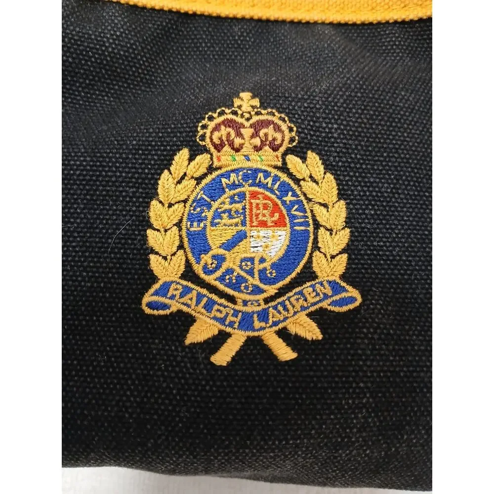 Vintage Ralph Lauren Zip Clutch Cosmetic Bag Gold Crest 7” Black Gold Embroidery